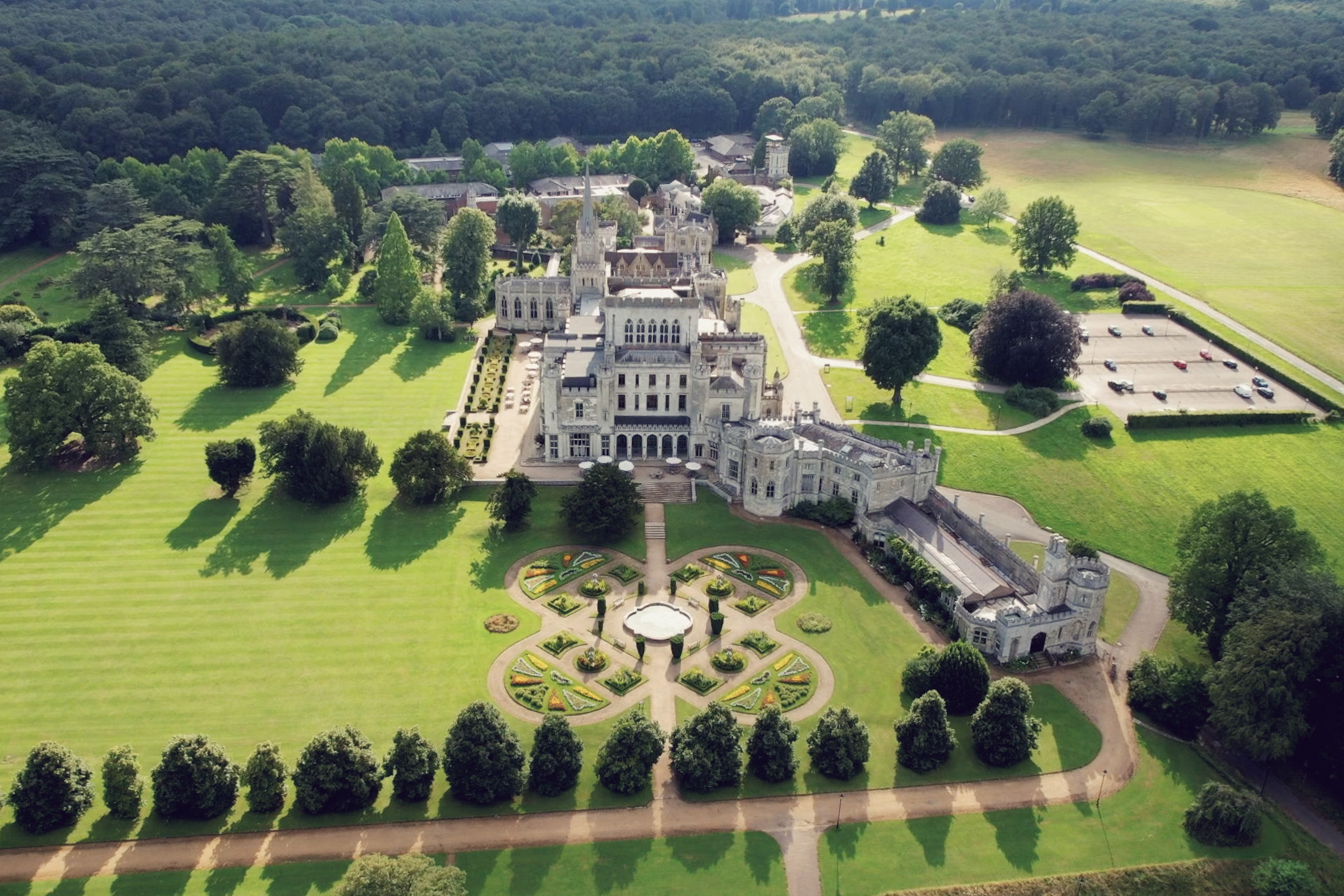 Aerial view of picturesque country grounds